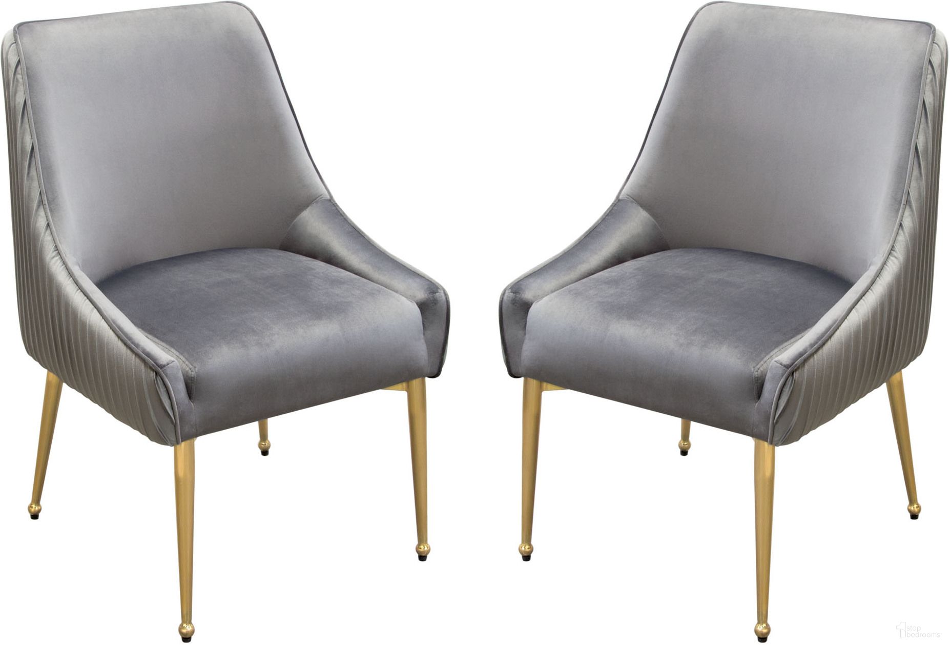 Set of 2 Quinn Dining Chairs with Vertical Outside Pleat Detail and Contoured Arm in Grey Velvet with Brushed Gold Metal Leg