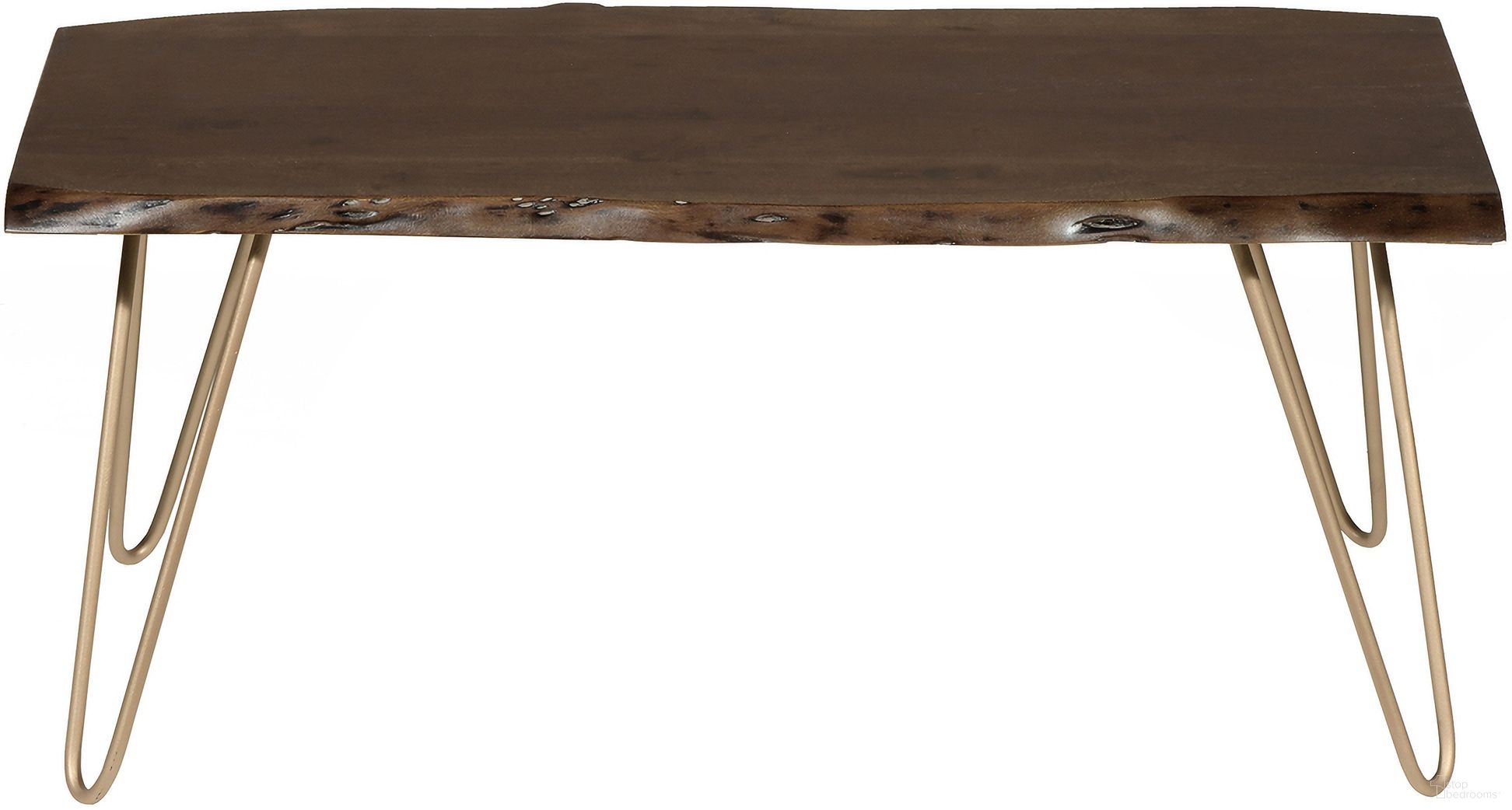 The appearance of Seti Live Edge Coffee Table/Bench In Elm Top In Gold Base designed by Carolina Living in the modern / contemporary interior design. This elm and gold piece of furniture  was selected by 1StopBedrooms from Seti Collection to add a touch of cosiness and style into your home. Sku: LE1618ELMGLD. Material: Acacia Wood.