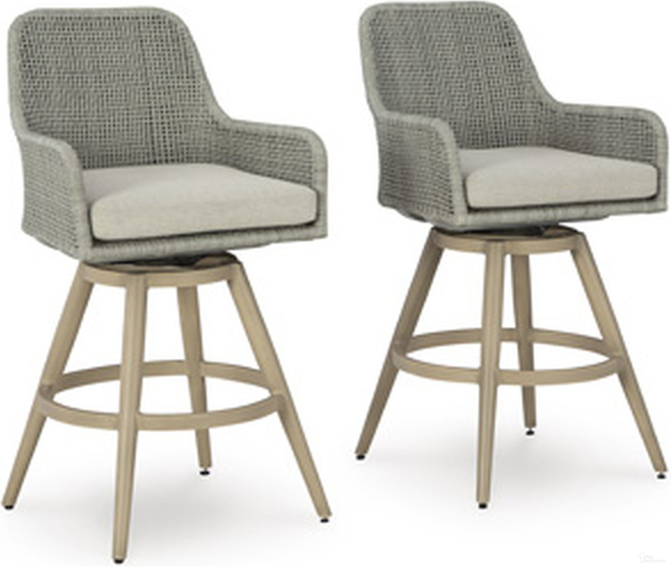 The appearance of Seton Creek Outdoor Bar Height Barstool with Cushion Set of 2 In Gray and Beige designed by Signature Design by Ashley in the transitional interior design. This gray and beige piece of furniture  was selected by 1StopBedrooms from Seton Creek Collection to add a touch of cosiness and style into your home. Sku: P798-130. Material: Fabric.