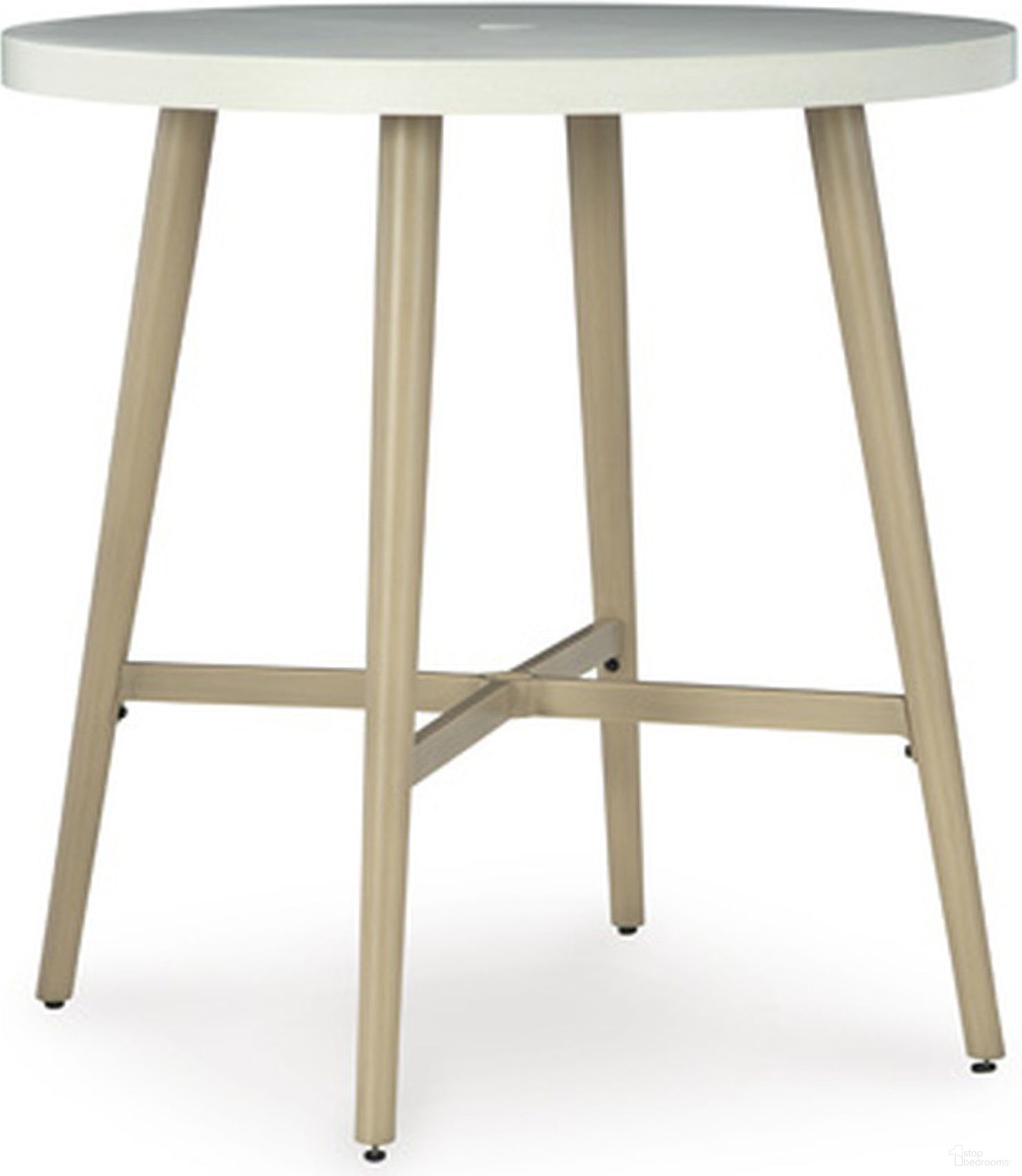 The appearance of Seton Creek Outdoor Bar Table In Beige designed by Signature Design by Ashley in the transitional interior design. This beige piece of furniture was selected by 1StopBedrooms from Seton Creek Collection to add a touch of cosiness and style into your home. Sku: P798-613. Material: Metal.
