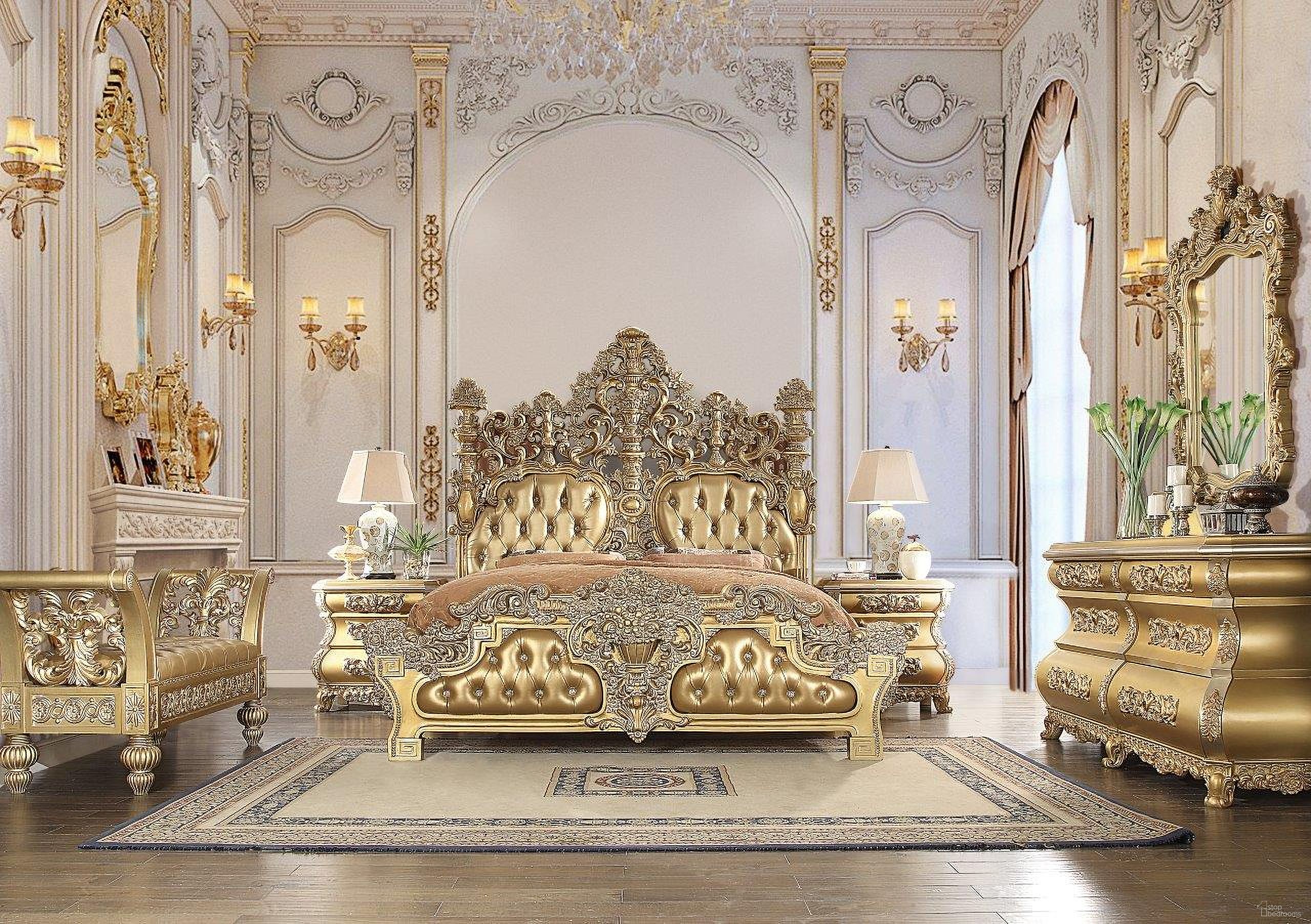 The appearance of Seville Bedroom Set In Gold Finish designed by ACME in the transitional interior design. This gold piece of furniture  was selected by 1StopBedrooms from Seville Collection to add a touch of cosiness and style into your home. Sku: BD00451EK1;BD00451EK2;BD00451EK3;BD00452. Bed Type: Panel Bed. Material: Wood. Bed Size: Eastern King.