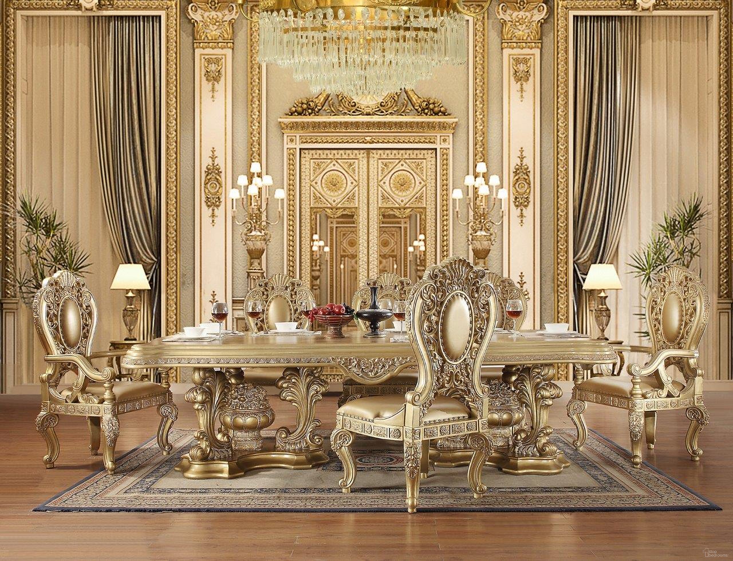 The appearance of Seville Dining Set In Gold Finish designed by ACME in the transitional interior design. This gold piece of furniture was selected by 1StopBedrooms from Seville Collection to add a touch of cosiness and style into your home. Sku: DN00457-1;DN00457-2;DN00457-3;DN00458. Table Base Style: Double Pedestal. Material: Wood. Table Top Shape: Rectangular. Size: 106".