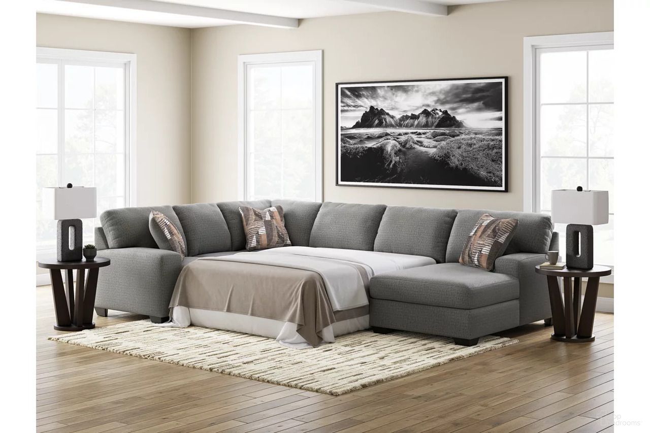 The appearance of Newellen 3-Piece RAF Sleeper Sectional With Chaise In Greystone designed by Signature Design by Ashley in the modern / contemporary interior design. This greystone piece of furniture  was selected by 1StopBedrooms from Newellen Collection to add a touch of cosiness and style into your home. Sku: NC4840548;NC4840571;NC4840517. Material: Polyester. Layout: Sofa & Chaise. Orientation: RAF.