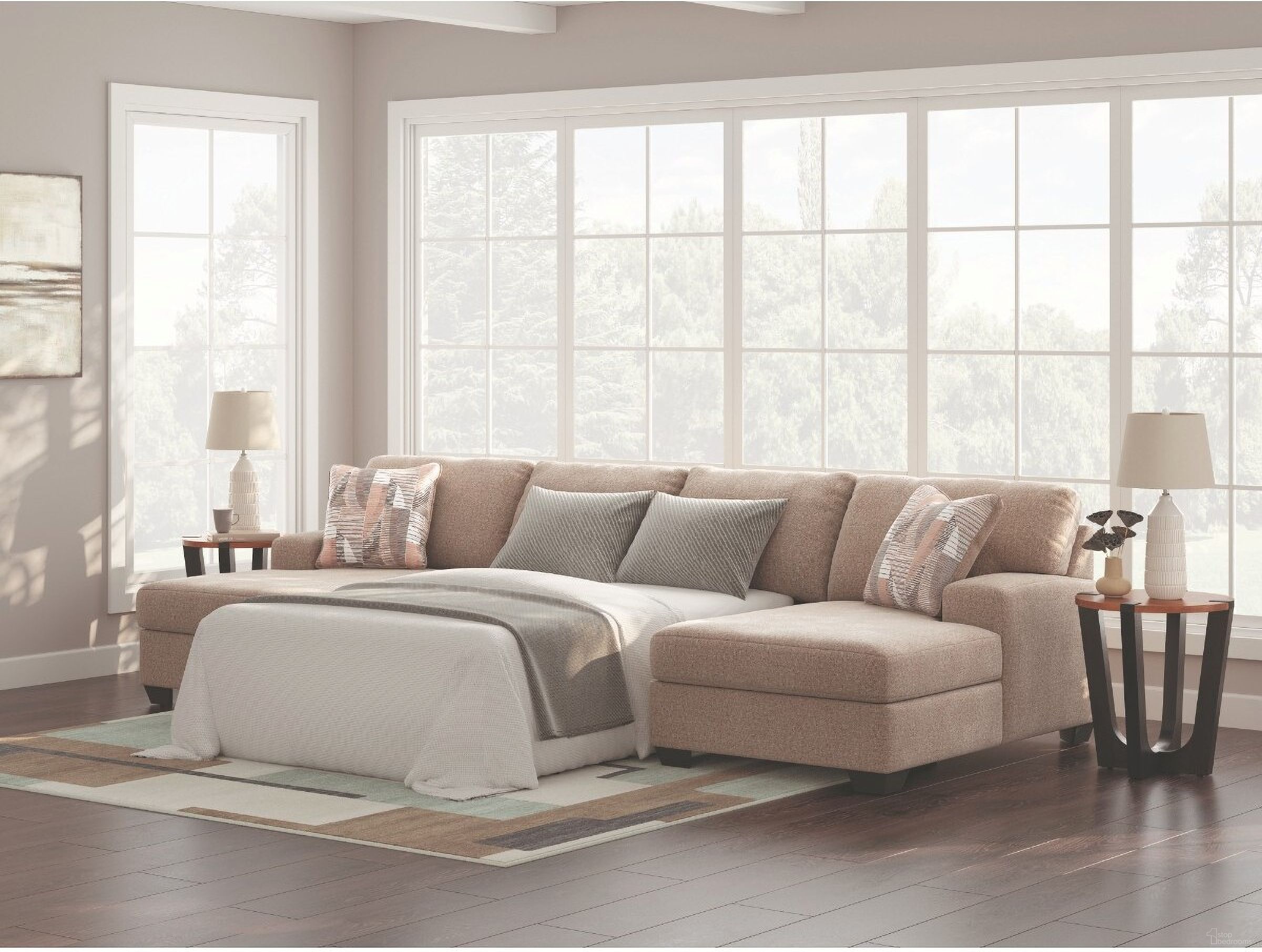 The appearance of Newellen 3-Piece Sleeper Sectional With Double Chaise In Hemp designed by Signature Design by Ashley in the modern / contemporary interior design. This hemp piece of furniture was selected by 1StopBedrooms from Newellen Collection to add a touch of cosiness and style into your home. Sku: 4840416;4840471;4840417. Material: Polyester. Layout: Sofa & Chaise.