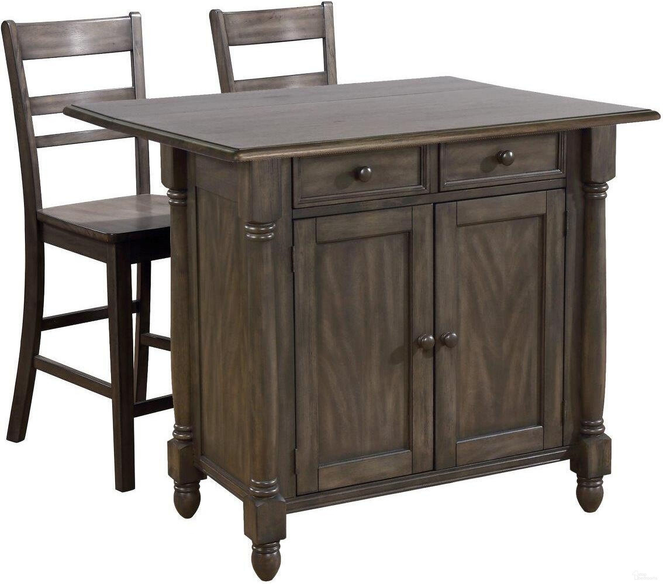 The appearance of Shades of Gray Storage Drop Leaf Kitchen Island Set with 2 Stools designed by Sunset Trading in the transitional interior design. This weathered gray piece of furniture  was selected by 1StopBedrooms from Shades Of Gray Collection to add a touch of cosiness and style into your home. Sku: DLU-KI-4222-AG;DLU-EL-B200-AG-RTA. Material: Wood.