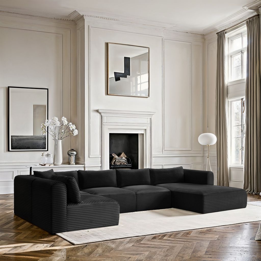 Shaggy Corduroy Performance Fabric 5 Piece Modular Sectional In Black