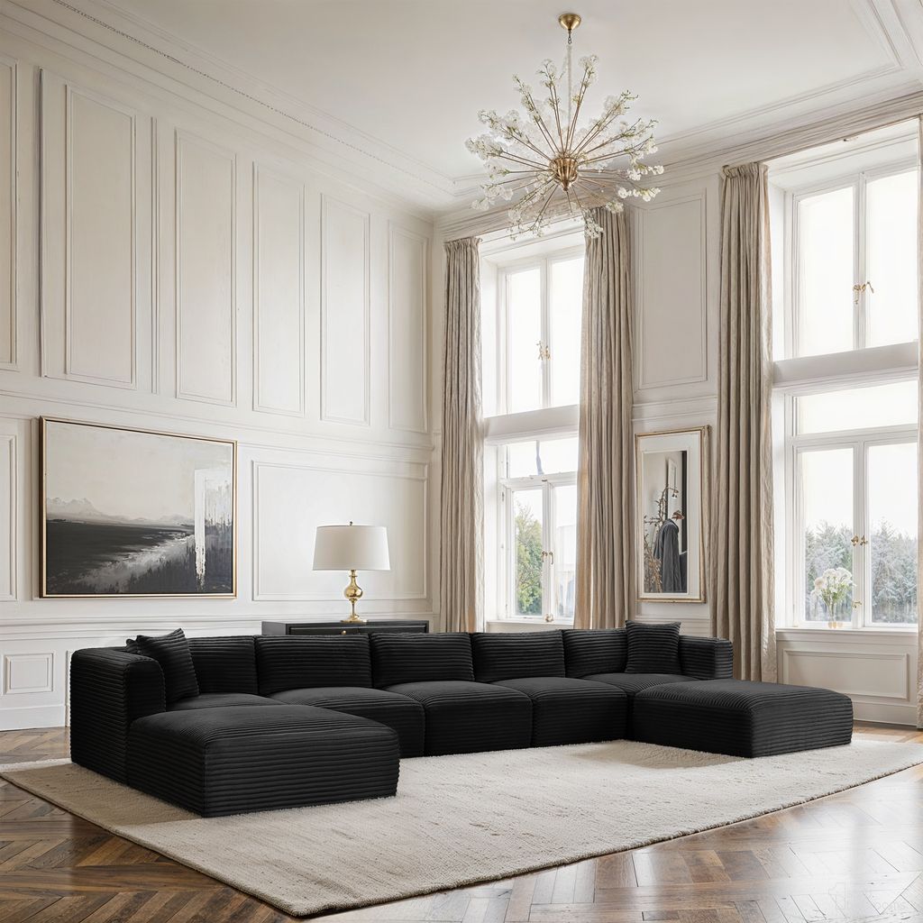 Shaggy Corduroy Performance Fabric 7 Piece Modular Sectional In Black