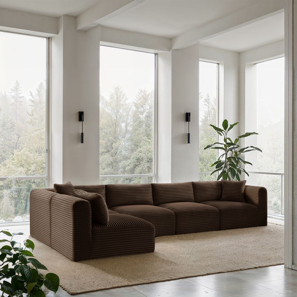 The appearance of Shaggy Corduroy Performance Fabric 5 Piece Modular Sectional In Brown designed by Meridian in the modern / contemporary interior design. This brown piece of furniture  was selected by 1StopBedrooms from Shaggy Collection to add a touch of cosiness and style into your home. Sku: 641Brown-Armless;641Brown-Armless;641Brown-Armless;641Brown-Corner;641Brown-Corner. Layout: L-Shape. Material: Corduroy.