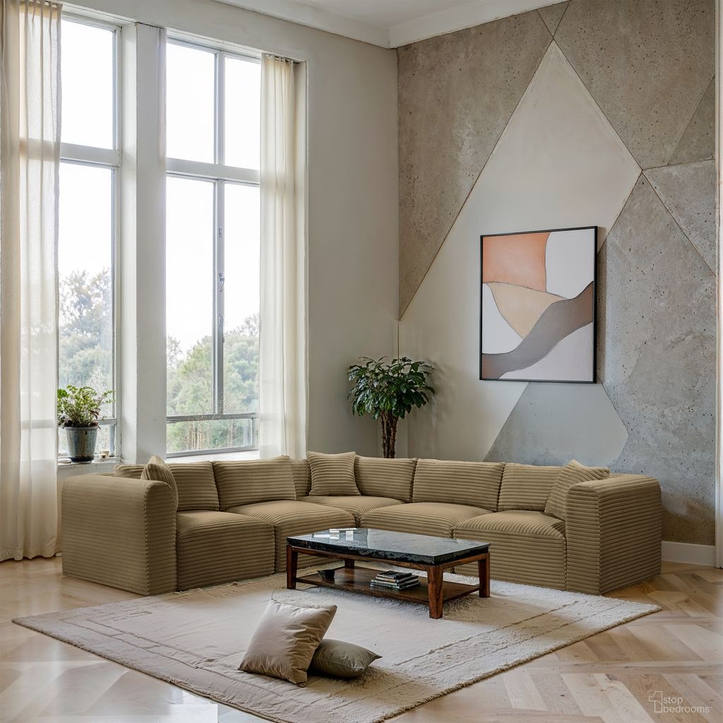 Shaggy Corduroy Performance Fabric 5 Piece Modular Sectional In Camel