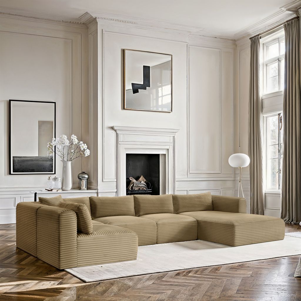 Shaggy Corduroy Performance Fabric 5 Piece Modular Sectional In Camel