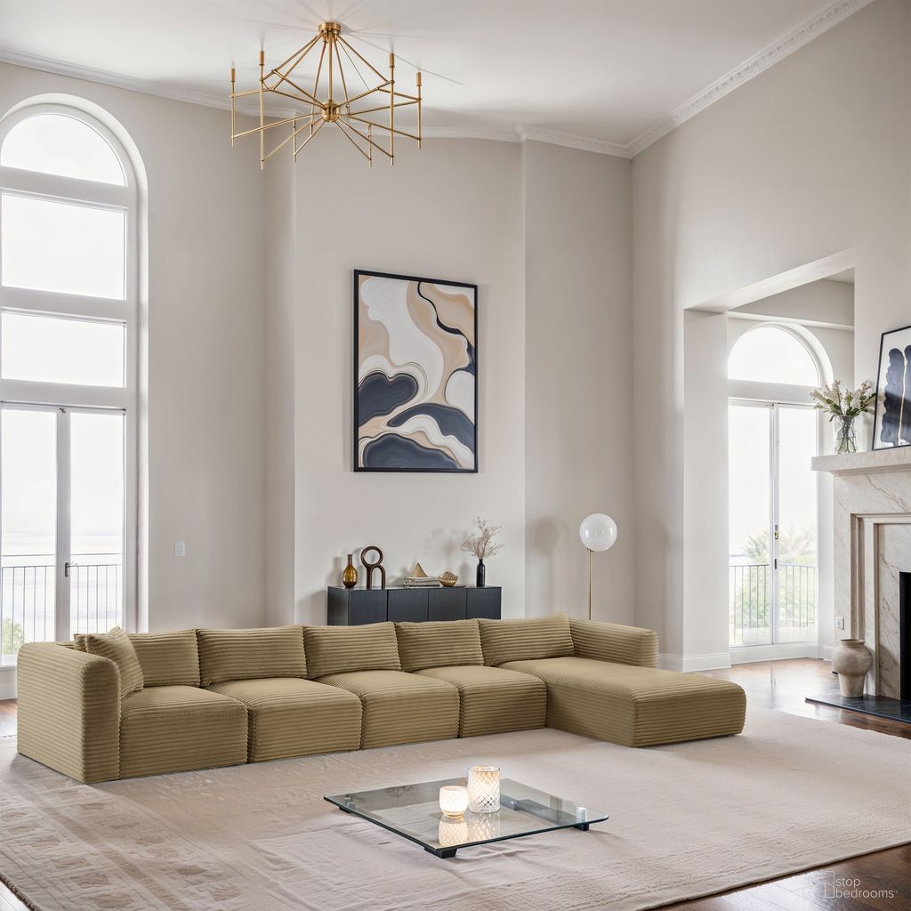 Shaggy Corduroy Performance Fabric 5 Piece Modular Sectional In Camel