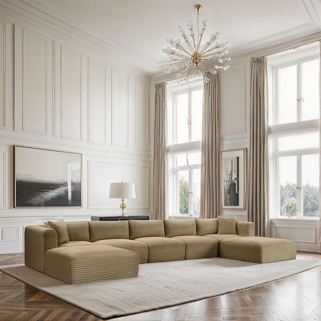 Shaggy Corduroy Performance Fabric 7 Piece Modular Sectional In Camel