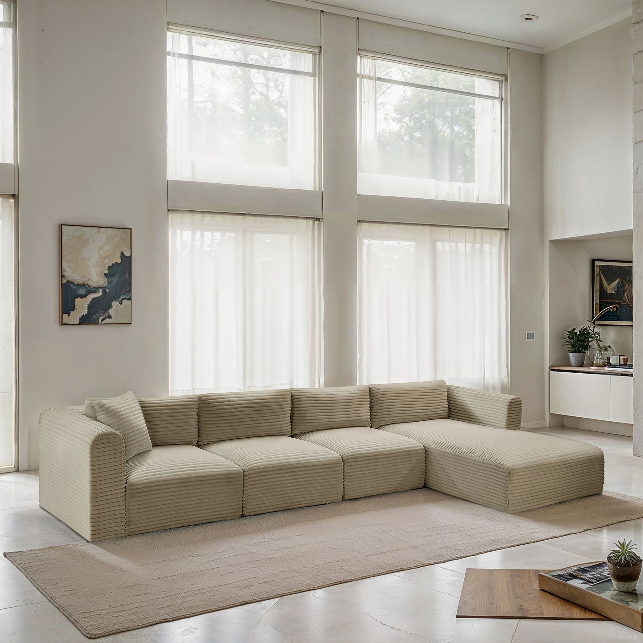 The appearance of Shaggy Corduroy Performance Fabric 4 Piece Modular Sectional In Cream designed by Meridian in the modern / contemporary interior design. This cream piece of furniture  was selected by 1StopBedrooms from Shaggy Collection to add a touch of cosiness and style into your home. Sku: 641Cream-Armless;641Cream-Armless;641Cream-Corner;641Cream-Chaise. Material: Corduroy.
