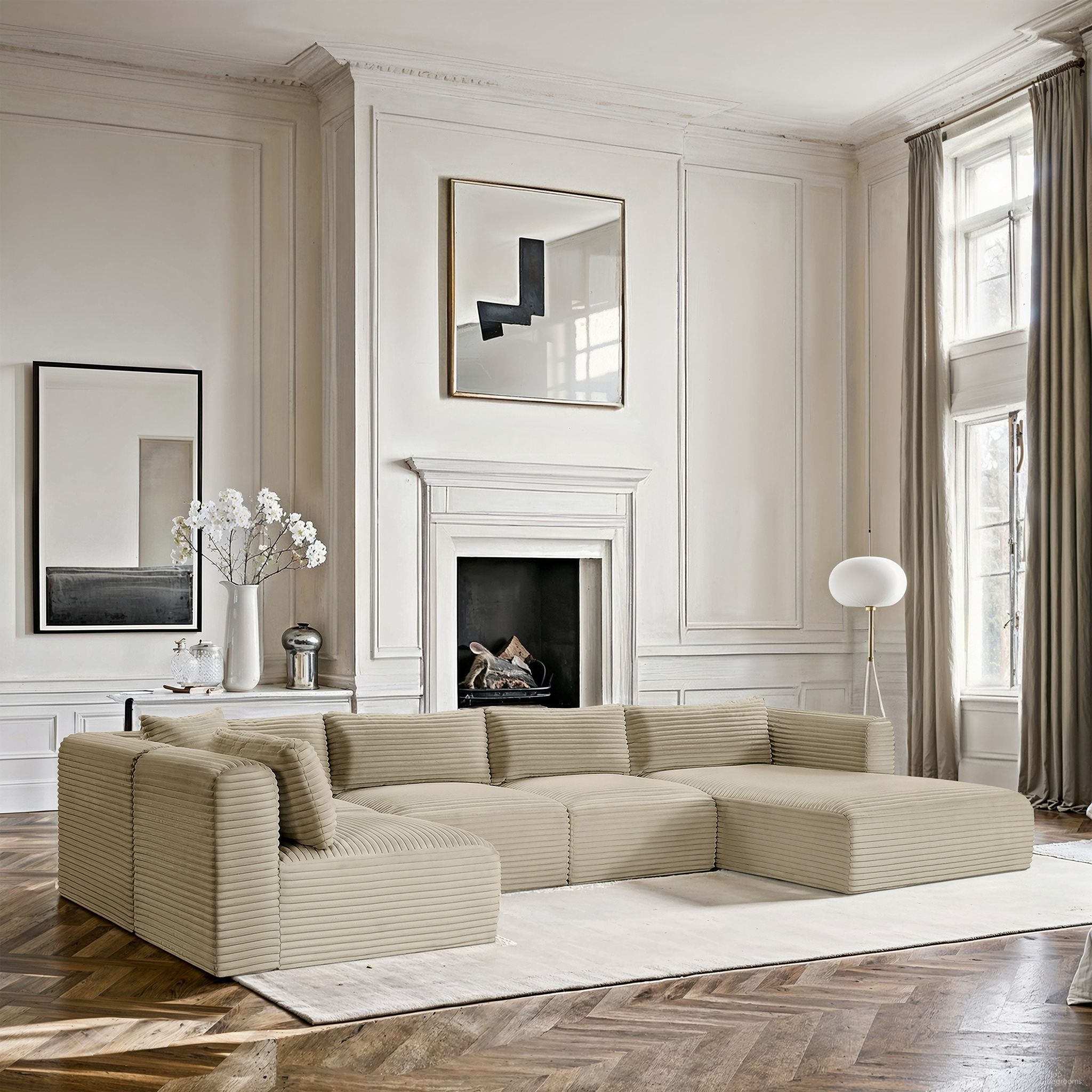 The appearance of Shaggy Corduroy Performance Fabric 5 Piece Modular Sectional In Cream designed by Meridian in the modern / contemporary interior design. This cream piece of furniture  was selected by 1StopBedrooms from Shaggy Collection to add a touch of cosiness and style into your home. Sku: 641Cream-Armless;641Cream-Armless;641Cream-Armless;641Cream-Corner;641Cream-Chaise. Material: Corduroy.
