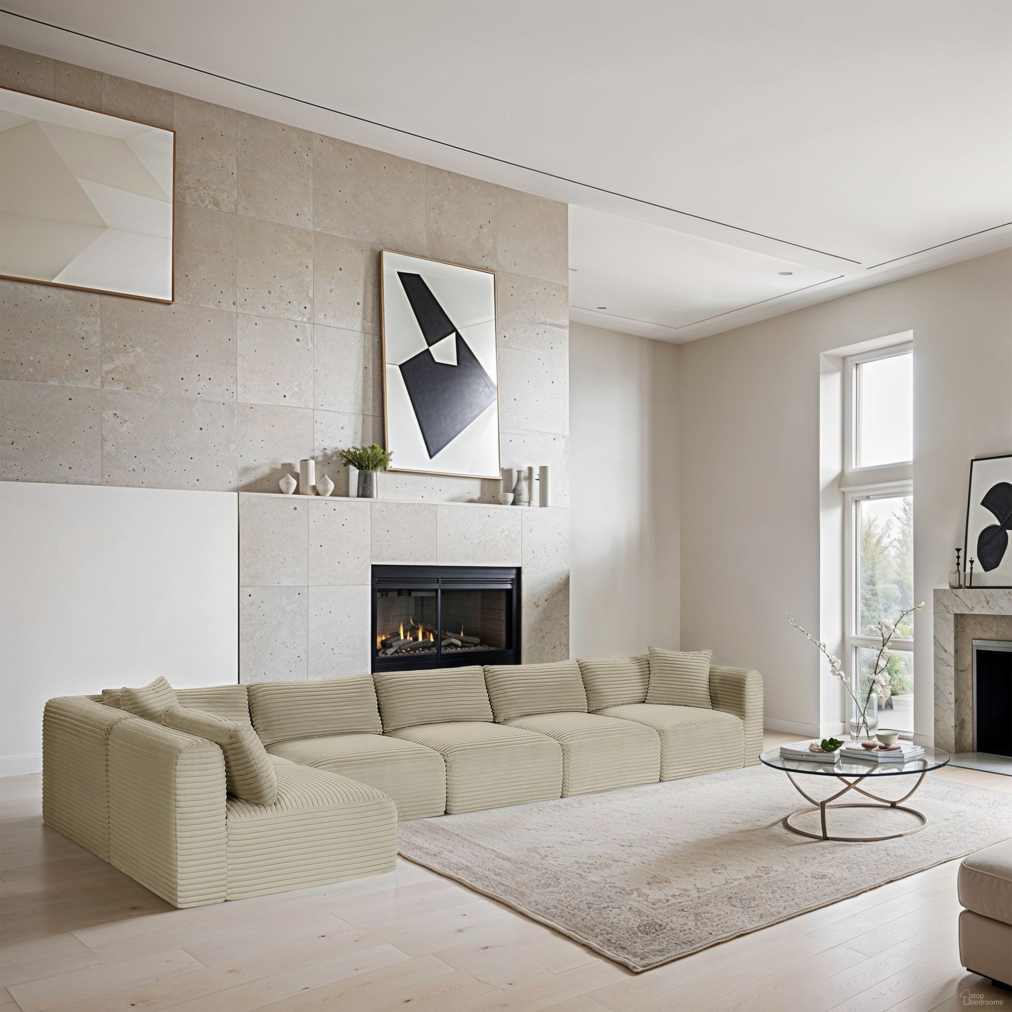 Shaggy Corduroy Performance Fabric 6 Piece Modular Sectional In Cream