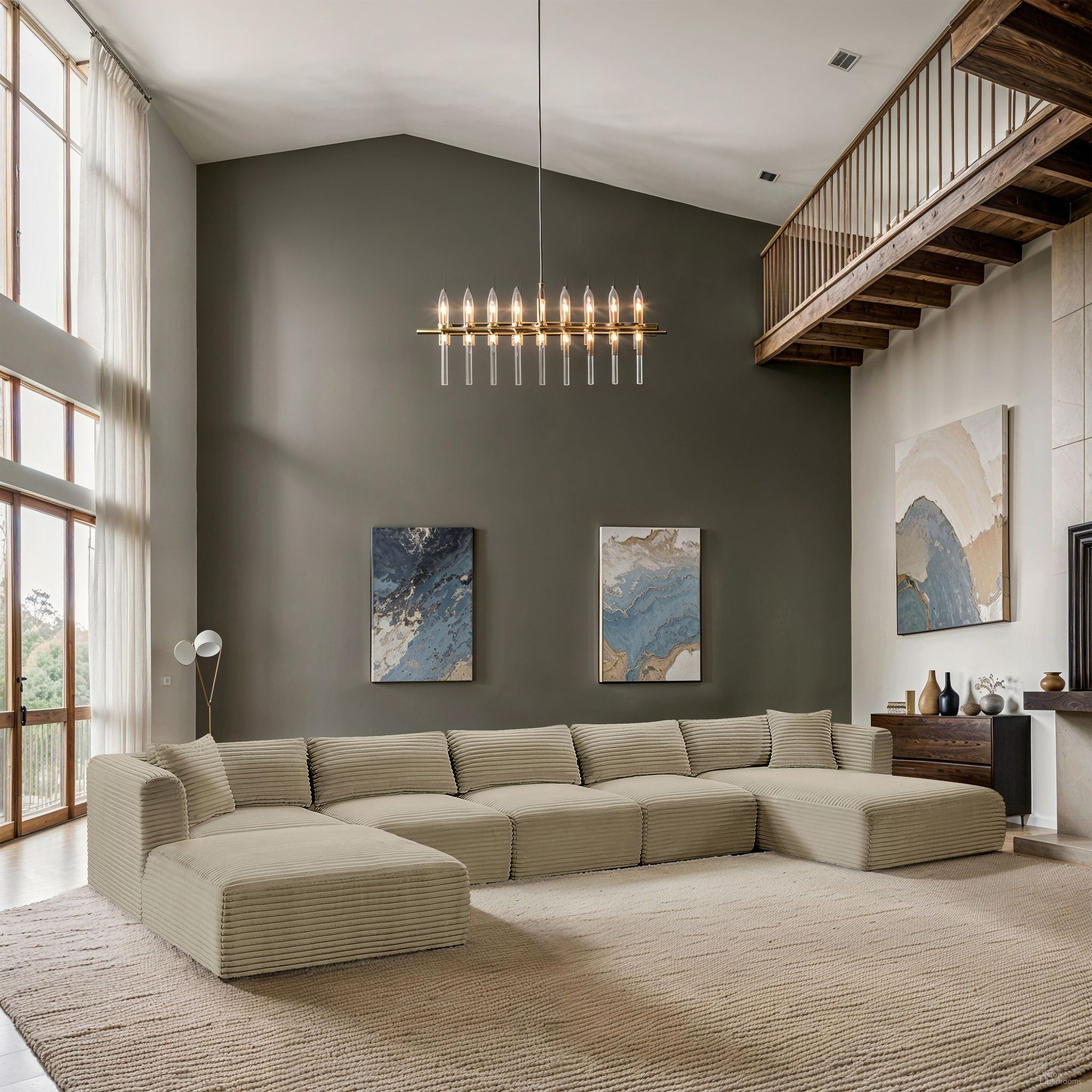 Shaggy Corduroy Performance Fabric 6 Piece Modular Sectional In Cream