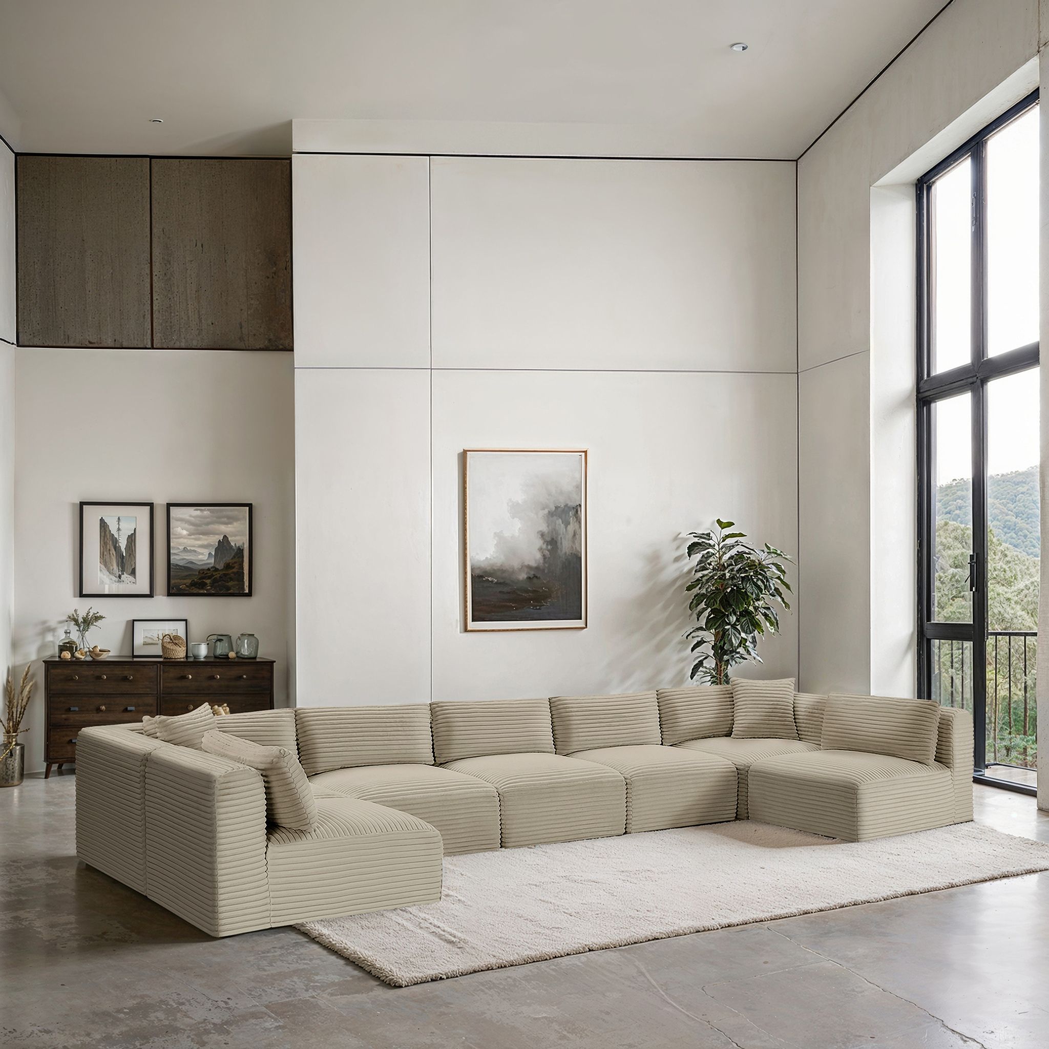 Shaggy Corduroy Performance Fabric 7 Piece Modular Sectional In Cream