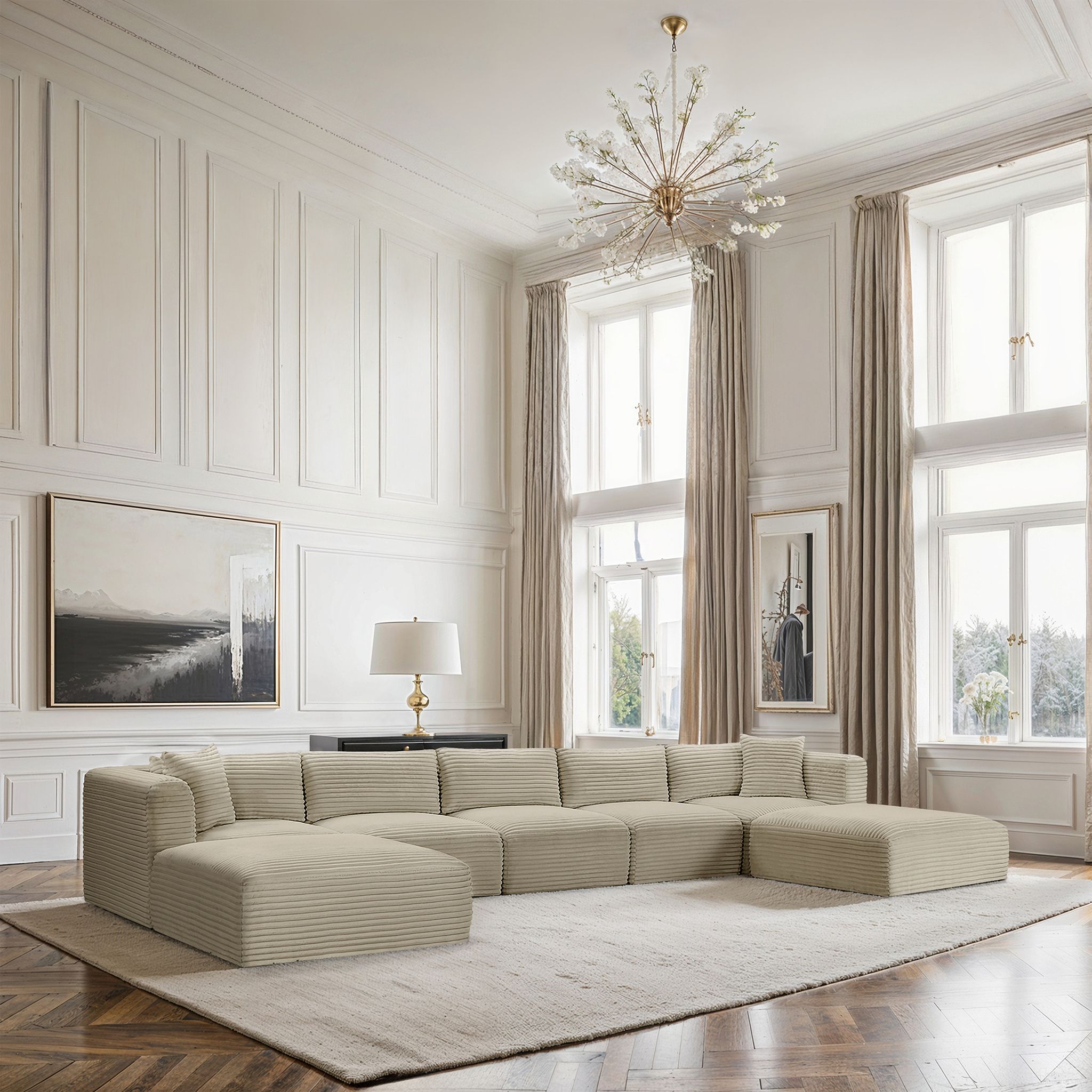 Shaggy Corduroy Performance Fabric 7 Piece Modular Sectional In Cream