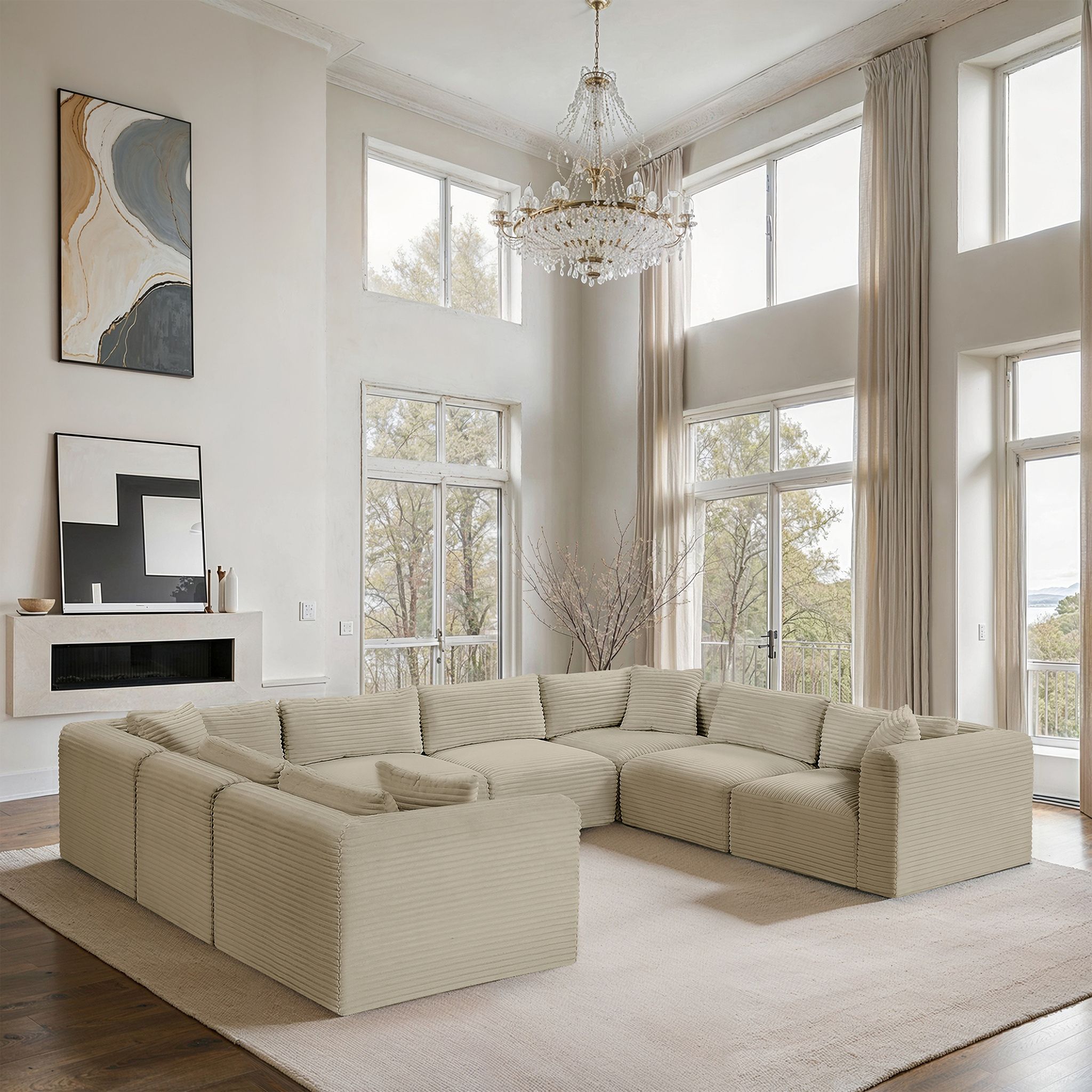 Shaggy Corduroy Performance Fabric 8 Piece Modular Sectional In Cream