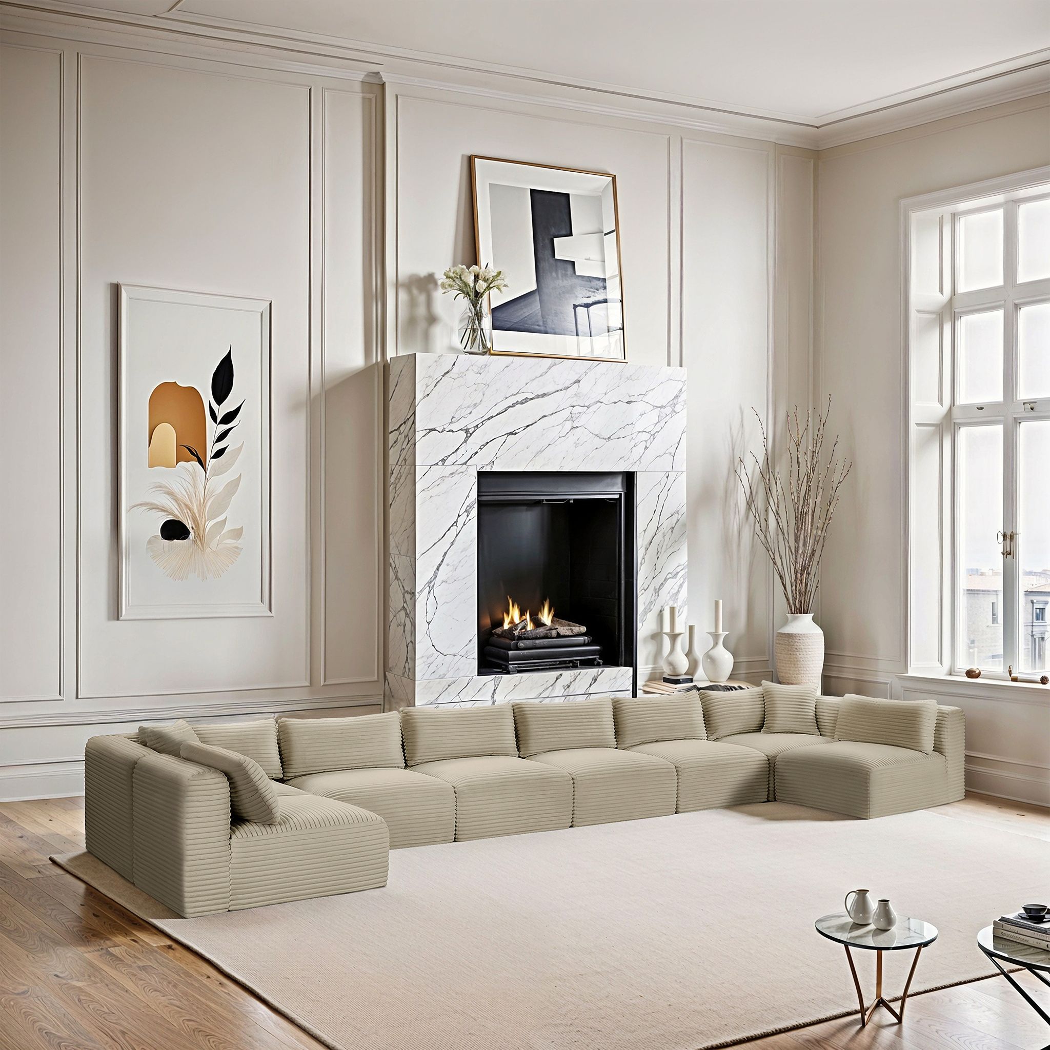 Shaggy Corduroy Performance Fabric 8 Piece Modular Sectional In Cream