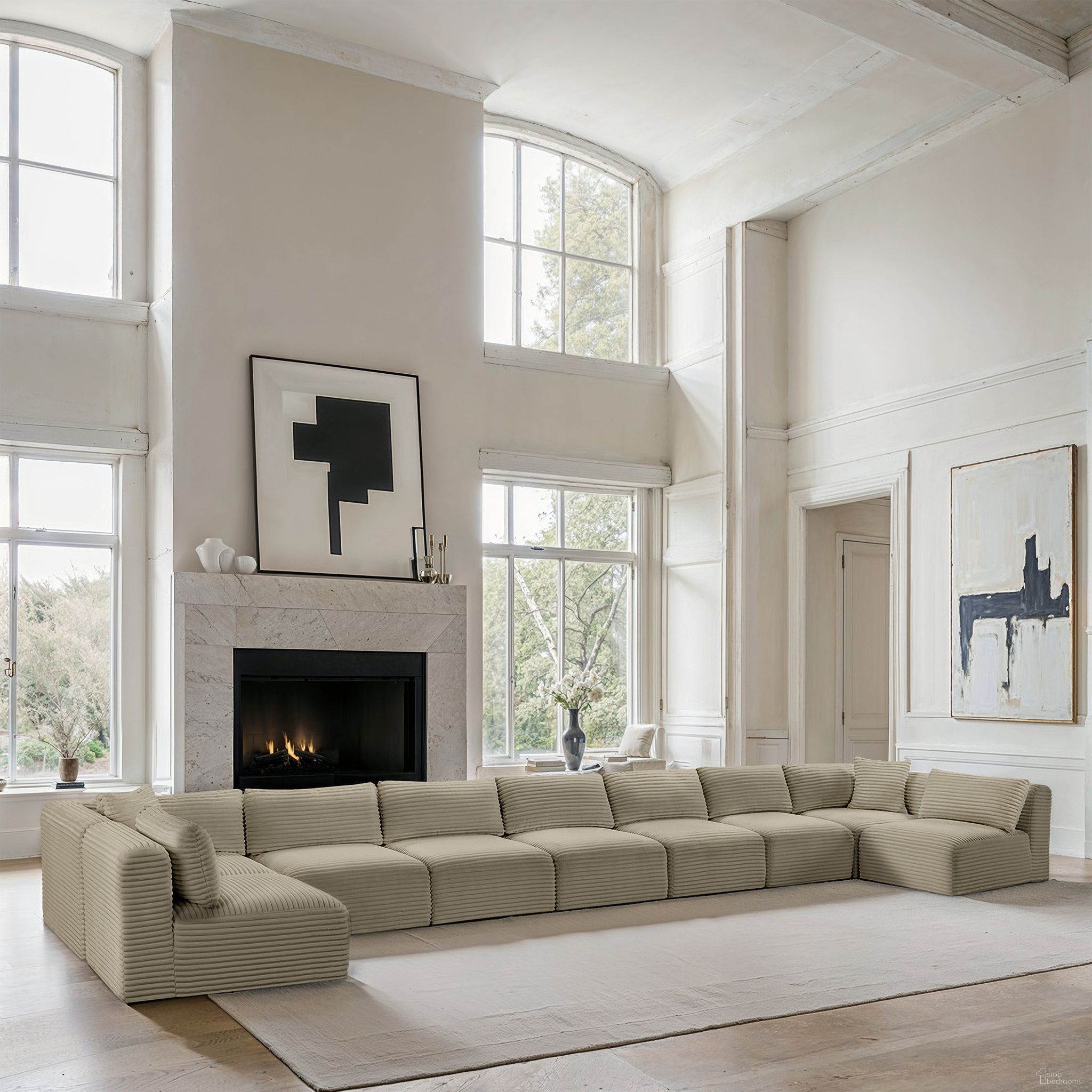 Shaggy Corduroy Performance Fabric 9 Piece Modular Sectional In Cream