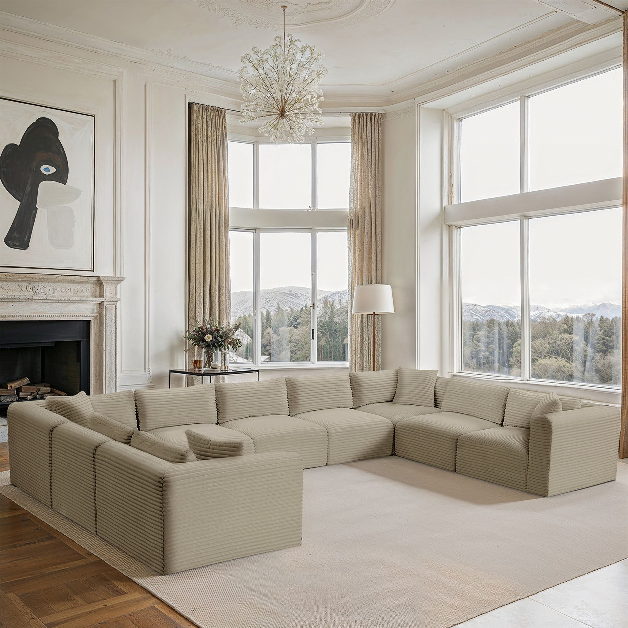 Shaggy Corduroy Performance Fabric 9 Piece Modular Sectional In Cream