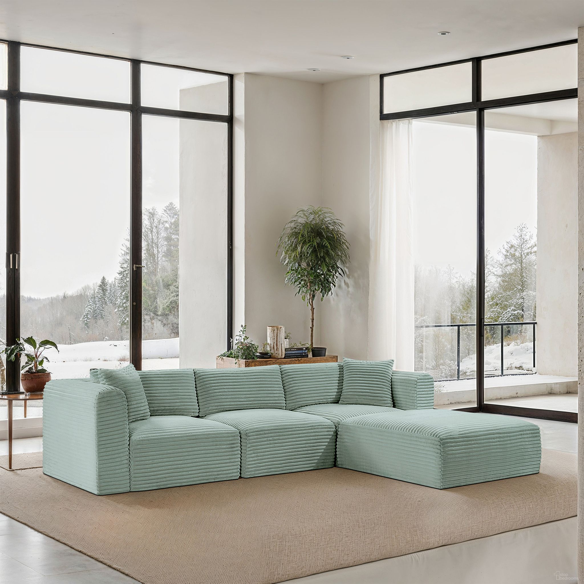 The appearance of Shaggy Corduroy Performance Fabric 4 Piece Modular Sectional In Mint designed by Meridian in the modern / contemporary interior design. This mint piece of furniture  was selected by 1StopBedrooms from Shaggy Collection to add a touch of cosiness and style into your home. Sku: 641Mint-Armless;641Mint-Corner;641Mint-Corner;641Mint-Ott. Material: Corduroy.