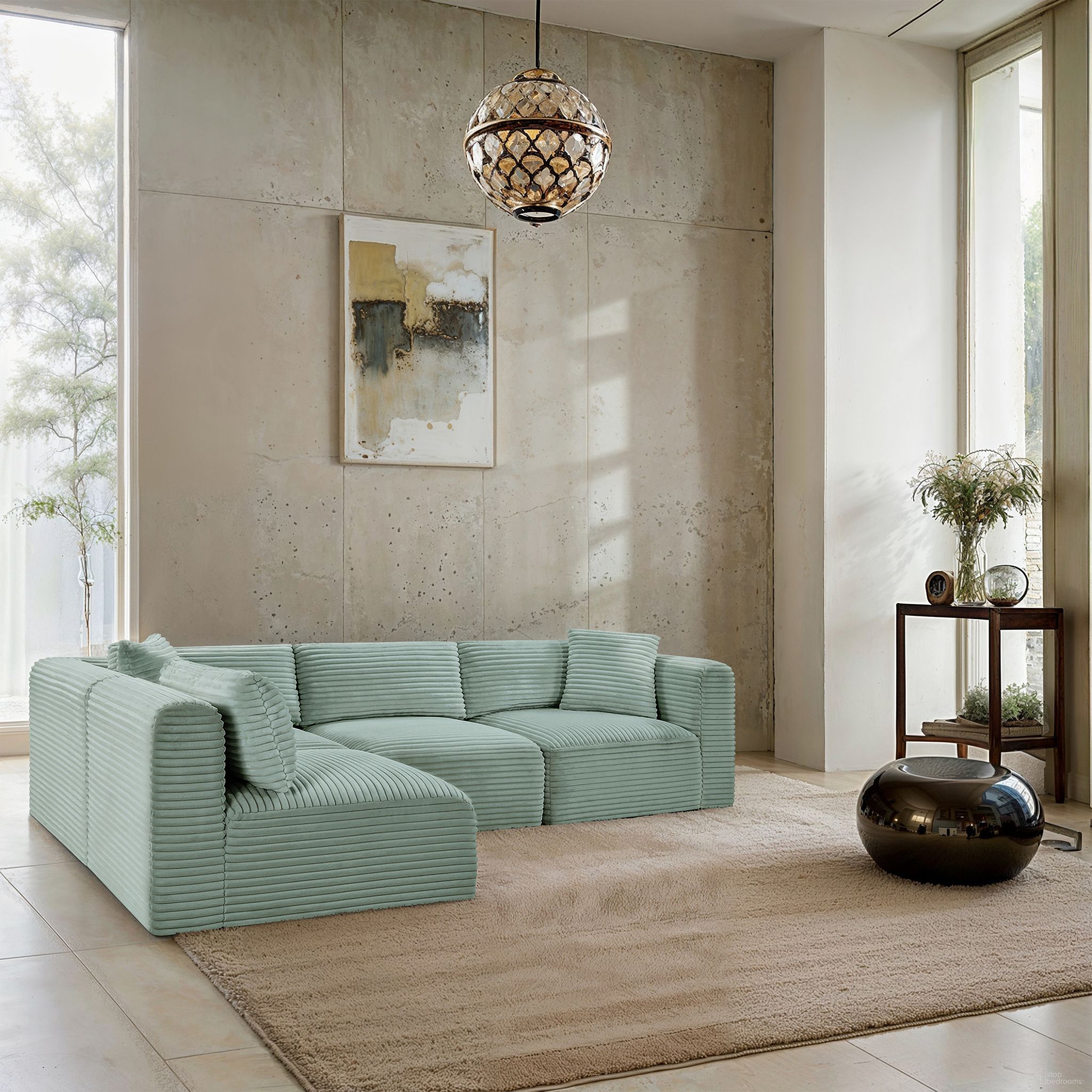 The appearance of Shaggy Corduroy Performance Fabric 4 Piece Modular Sectional In Mint designed by Meridian in the modern / contemporary interior design. This mint piece of furniture  was selected by 1StopBedrooms from Shaggy Collection to add a touch of cosiness and style into your home. Sku: 641Mint-Armless;641Mint-Armless;641Mint-Corner;641Mint-Corner. Layout: L-Shape. Material: Corduroy.