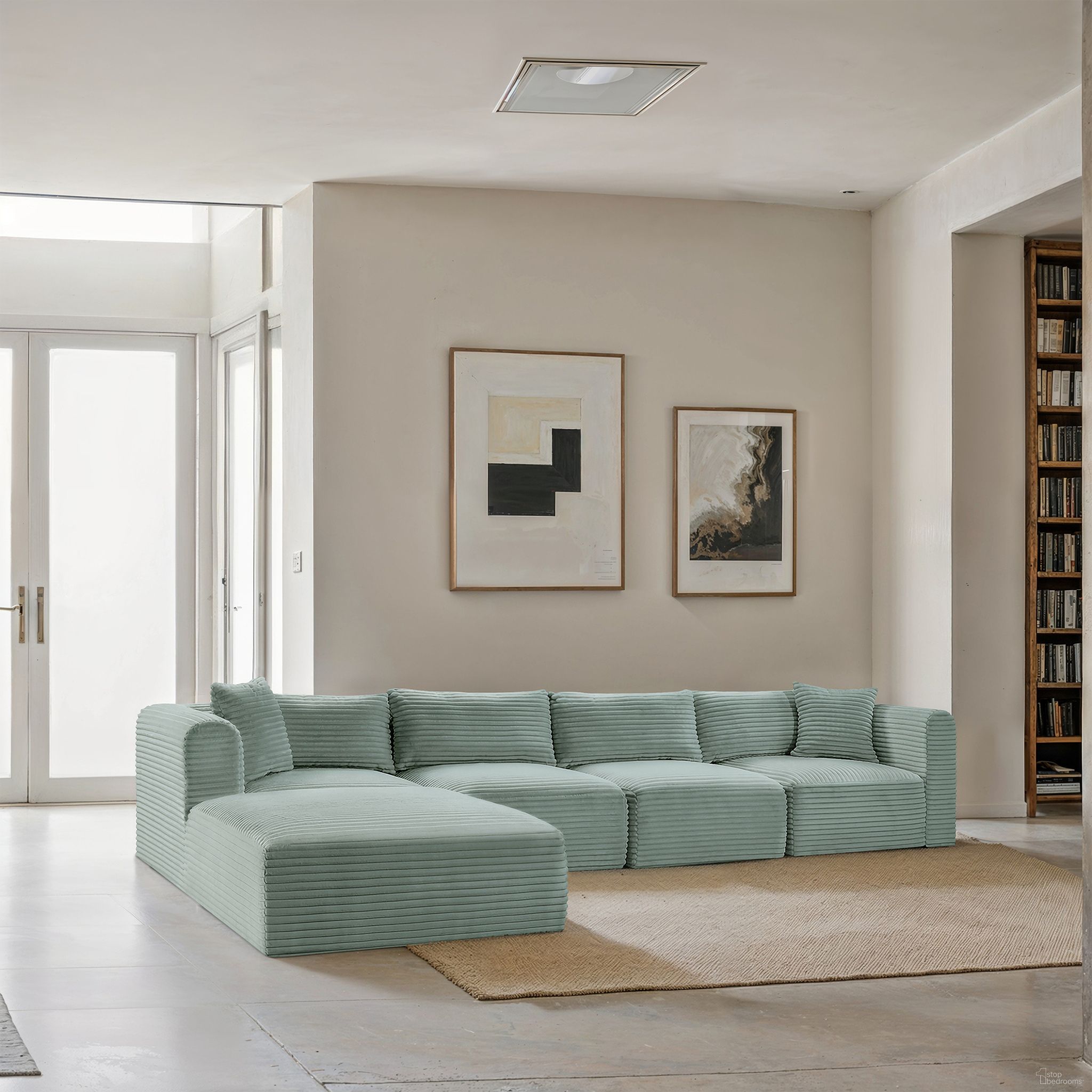 The appearance of Shaggy Corduroy Performance Fabric 5 Piece Modular Sectional In Mint designed by Meridian in the modern / contemporary interior design. This mint piece of furniture  was selected by 1StopBedrooms from Shaggy Collection to add a touch of cosiness and style into your home. Sku: 641Mint-Armless;641Mint-Armless;641Mint-Corner;641Mint-Corner;641Mint-Ott. Material: Corduroy.