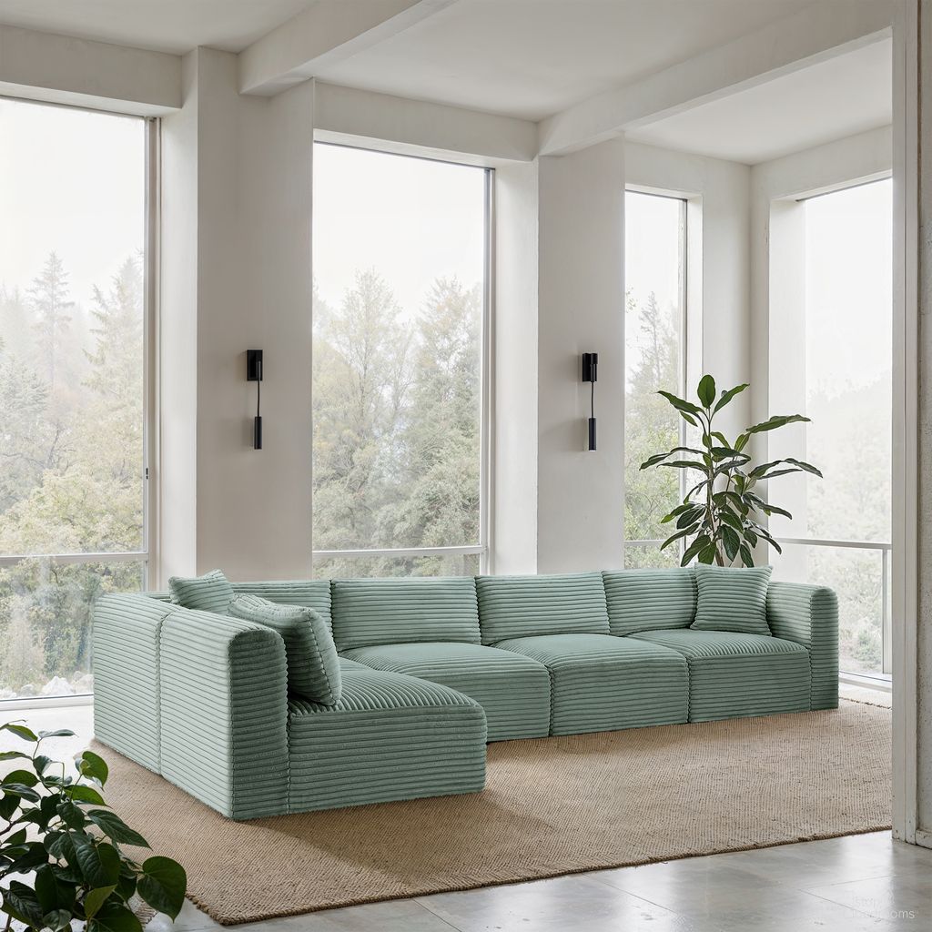 The appearance of Shaggy Corduroy Performance Fabric 5 Piece Modular Sectional In Mint designed by Meridian in the modern / contemporary interior design. This mint piece of furniture  was selected by 1StopBedrooms from Shaggy Collection to add a touch of cosiness and style into your home. Sku: 641Mint-Armless;641Mint-Armless;641Mint-Armless;641Mint-Corner;641Mint-Corner. Material: Fabric. Layout: L-Shape.