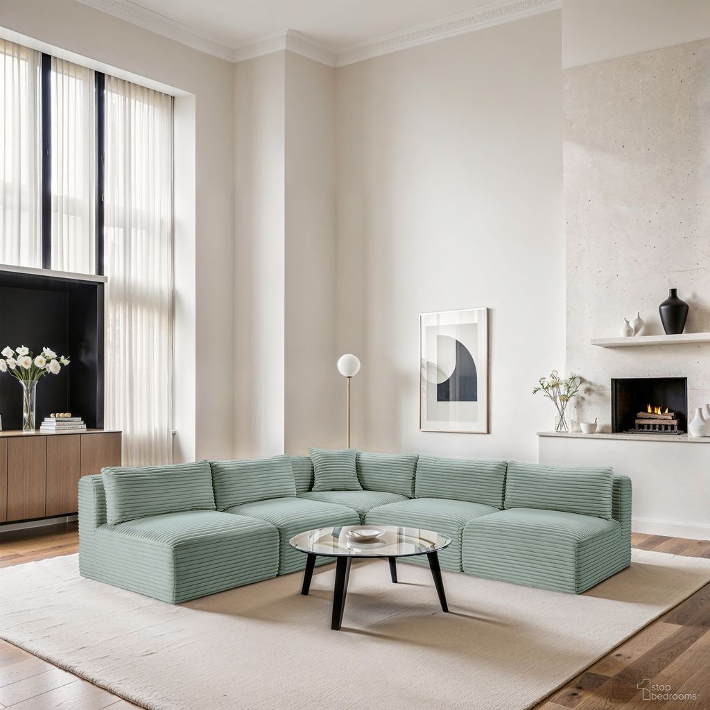 The appearance of Shaggy Corduroy Performance Fabric 5 Piece Modular Sectional In Mint designed by Meridian in the modern / contemporary interior design. This mint piece of furniture  was selected by 1StopBedrooms from Shaggy Collection to add a touch of cosiness and style into your home. Sku: 641Mint-Armless;641Mint-Armless;641Mint-Armless;641Mint-Armless;641Mint-Corner. Material: Fabric. Layout: L-Shape.