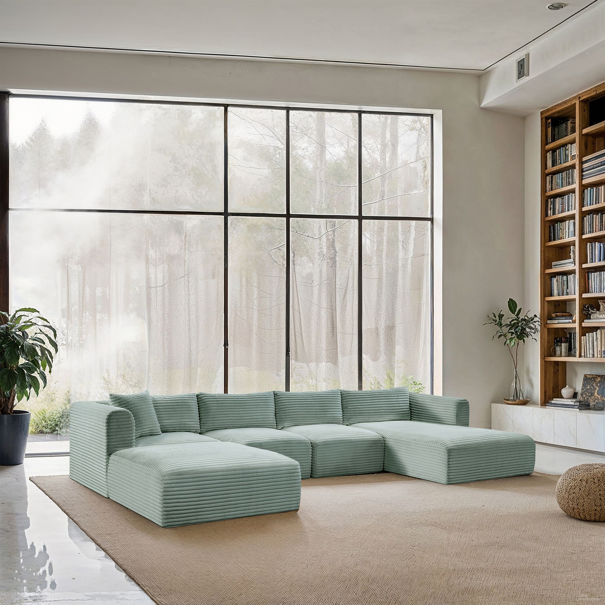 The appearance of Shaggy Corduroy Performance Fabric 5 Piece Modular Sectional In Mint designed by Meridian in the modern / contemporary interior design. This mint piece of furniture  was selected by 1StopBedrooms from Shaggy Collection to add a touch of cosiness and style into your home. Sku: 641Mint-Armless;641Mint-Armless;641Mint-Corner;641Mint-Ott;641Mint-Chaise. Material: Corduroy.