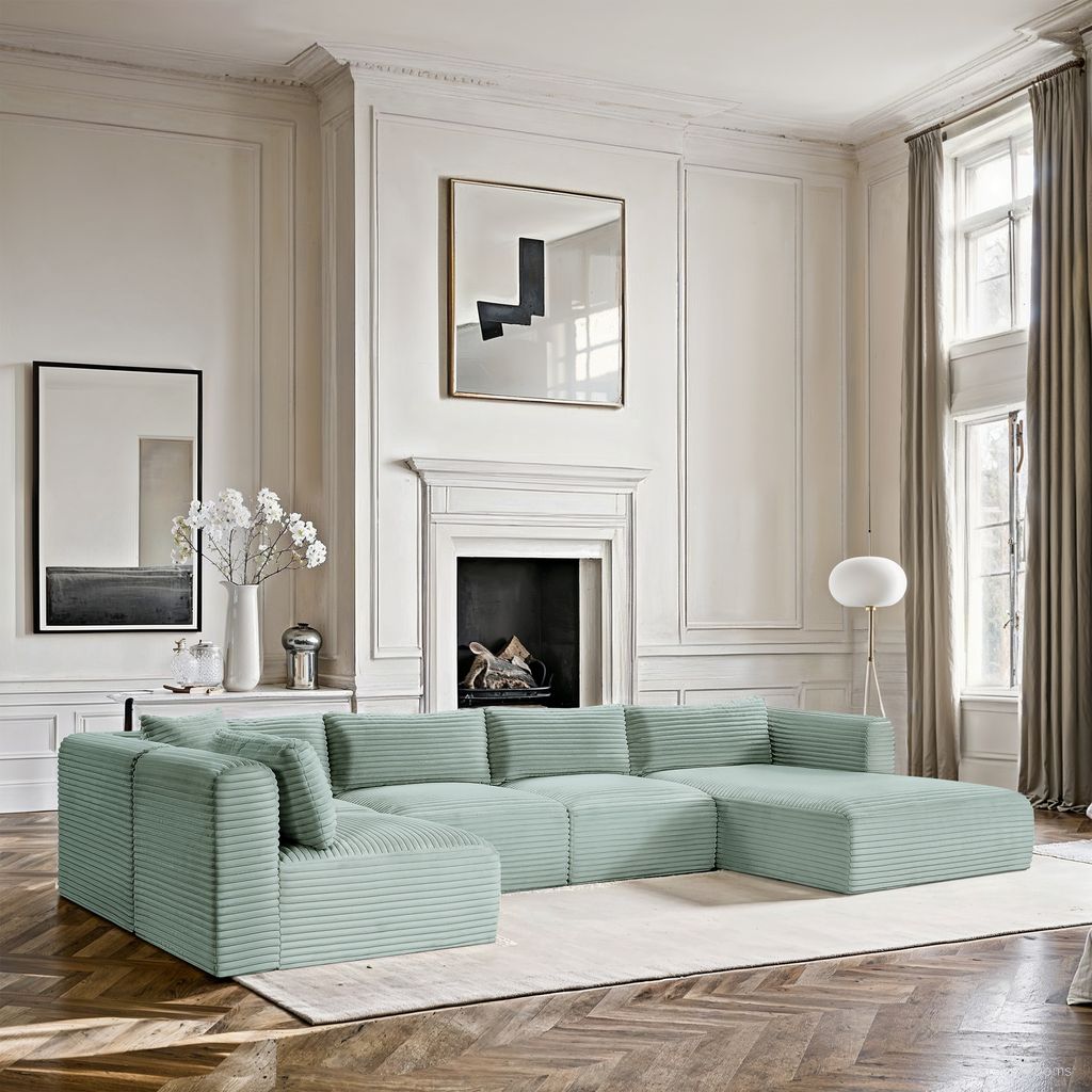 The appearance of Shaggy Corduroy Performance Fabric 5 Piece Modular Sectional In Mint designed by Meridian in the modern / contemporary interior design. This mint piece of furniture  was selected by 1StopBedrooms from Shaggy Collection to add a touch of cosiness and style into your home. Sku: 641Mint-Armless;641Mint-Armless;641Mint-Armless;641Mint-Corner;641Mint-Chaise. Material: Fabric.