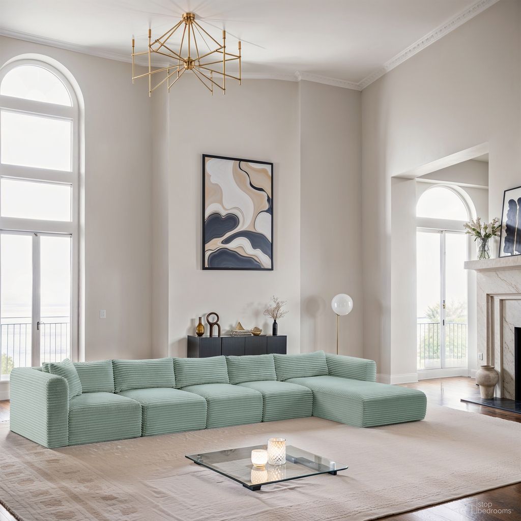 The appearance of Shaggy Corduroy Performance Fabric 5 Piece Modular Sectional In Mint designed by Meridian in the modern / contemporary interior design. This mint piece of furniture was selected by 1StopBedrooms from Shaggy Collection to add a touch of cosiness and style into your home. Sku: 641Mint-Armless;641Mint-Armless;641Mint-Armless;641Mint-Corner;641Mint-Chaise. Material: Fabric.