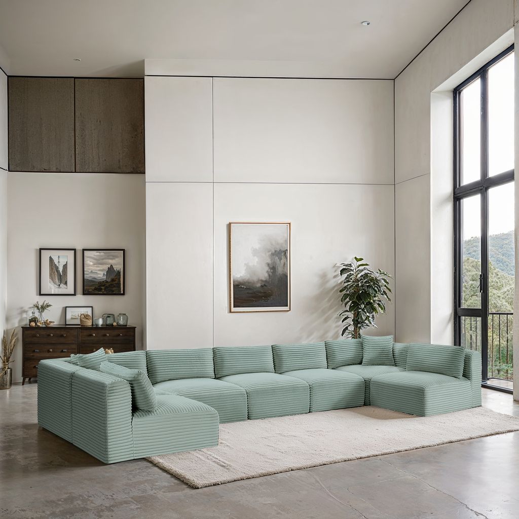 Shaggy Corduroy Performance Fabric 7 Piece Modular Sectional In Mint
