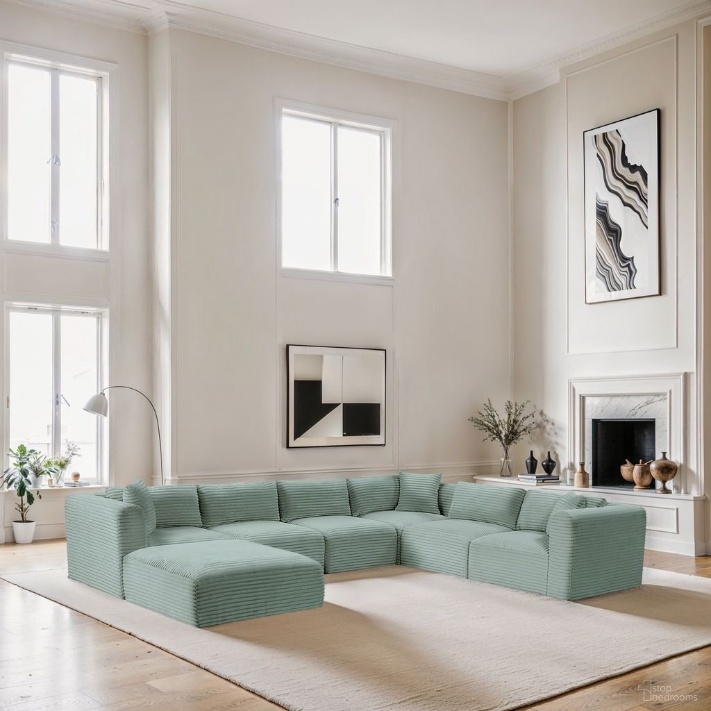 The appearance of Shaggy Corduroy Performance Fabric 7 Piece Modular Sectional In Mint designed by Meridian in the modern / contemporary interior design. This mint piece of furniture  was selected by 1StopBedrooms from Shaggy Collection to add a touch of cosiness and style into your home. Sku: 641Mint-Armless;641Mint-Armless;641Mint-Armless;641Mint-Corner;641Mint-Corner;641Mint-Corner;641Mint-Ott. Material: Fabric.