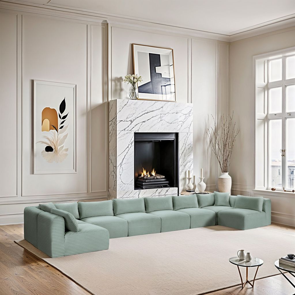 Shaggy Corduroy Performance Fabric 8 Piece Modular Sectional In Mint