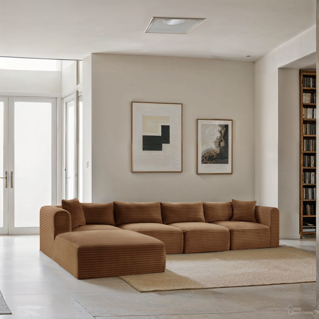 Shaggy Corduroy Performance Fabric 5 Piece Modular Sectional In Saddle