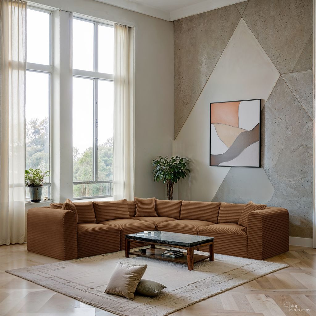Shaggy Corduroy Performance Fabric 5 Piece Modular Sectional In Saddle