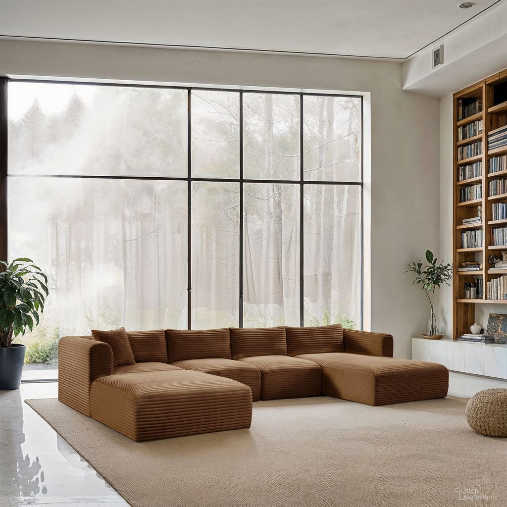 Shaggy Corduroy Performance Fabric 5 Piece Modular Sectional In Saddle
