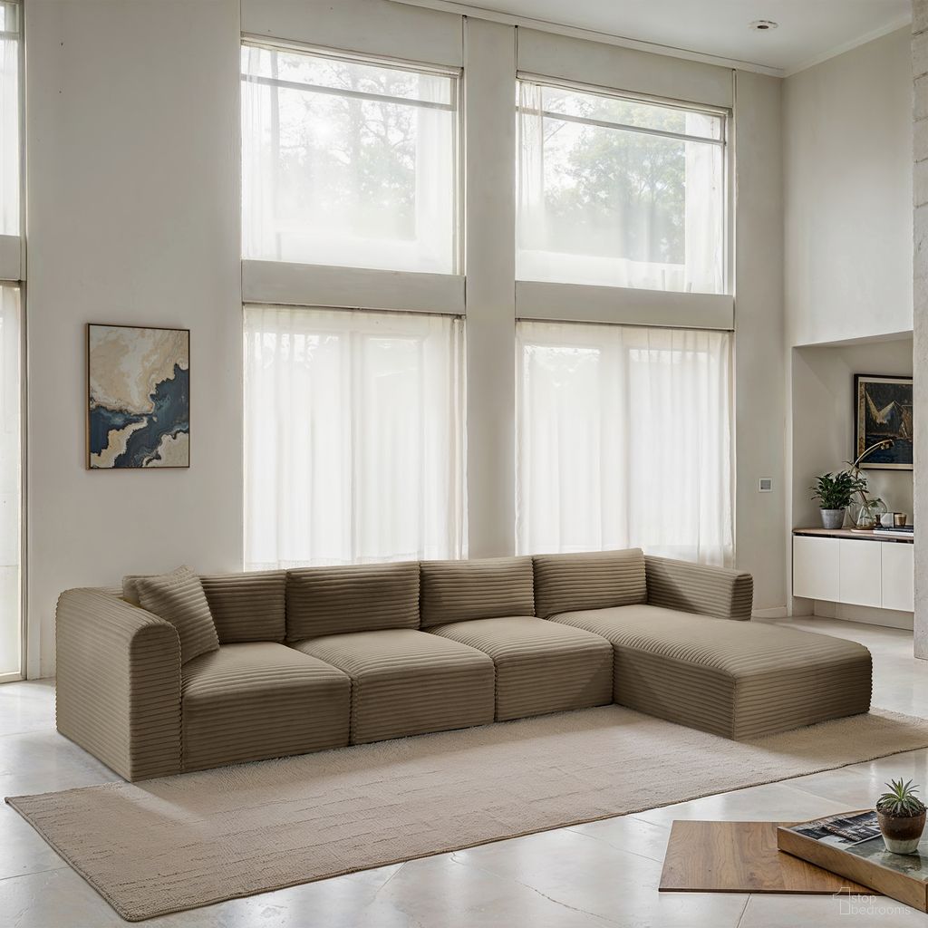 The appearance of Shaggy Corduroy Performance Fabric 4 Piece Modular Sectional In Taupe designed by Meridian in the modern / contemporary interior design. This taupe piece of furniture  was selected by 1StopBedrooms from Shaggy Collection to add a touch of cosiness and style into your home. Sku: 641Taupe-Armless;641Taupe-Armless;641Taupe-Corner;641Taupe-Chaise. Material: Fabric.
