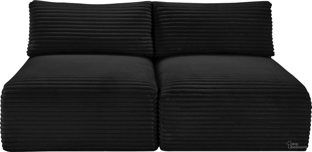 The appearance of Shaggy Corduroy Performance Fabric 2 Piece Modular Sofa In Black designed by Meridian in the modern / contemporary interior design. This black piece of furniture  was selected by 1StopBedrooms from Shaggy Collection to add a touch of cosiness and style into your home. Sku: 641Black-Armless;641Black-Armless. Material: Fabric.
