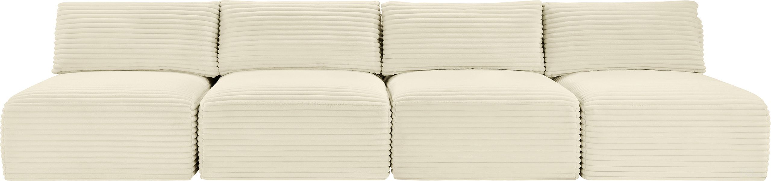 The appearance of Shaggy Corduroy Performance Fabric 4 Piece Modular Sofa In Cream designed by Meridian in the modern / contemporary interior design. This cream piece of furniture was selected by 1StopBedrooms from Shaggy Collection to add a touch of cosiness and style into your home. Sku: 641Cream-Armless;641Cream-Armless;641Cream-Armless;641Cream-Armless. Material: Fabric.