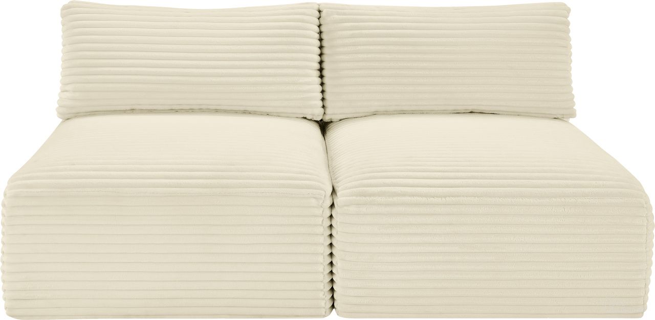 The appearance of Shaggy Corduroy Performance Fabric 2 Piece Modular Sofa In Cream designed by Meridian in the modern / contemporary interior design. This cream piece of furniture was selected by 1StopBedrooms from Shaggy Collection to add a touch of cosiness and style into your home. Sku: 641Cream-Armless;641Cream-Armless. Material: Fabric.