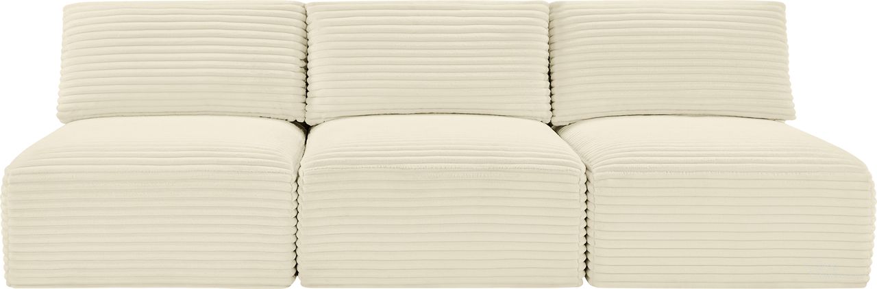 The appearance of Shaggy Corduroy Performance Fabric 3 Piece Modular Sofa In Cream designed by Meridian in the modern / contemporary interior design. This cream piece of furniture was selected by 1StopBedrooms from Shaggy Collection to add a touch of cosiness and style into your home. Sku: 641Cream-Armless;641Cream-Armless;641Cream-Armless. Material: Fabric.
