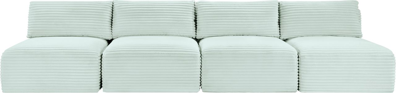 The appearance of Shaggy Corduroy Performance Fabric 4 Piece Modular Sofa In Mint designed by Meridian in the modern / contemporary interior design. This mint piece of furniture was selected by 1StopBedrooms from Shaggy Collection to add a touch of cosiness and style into your home. Sku: 641Mint-Armless;641Mint-Armless;641Mint-Armless;641Mint-Armless. Material: Fabric.
