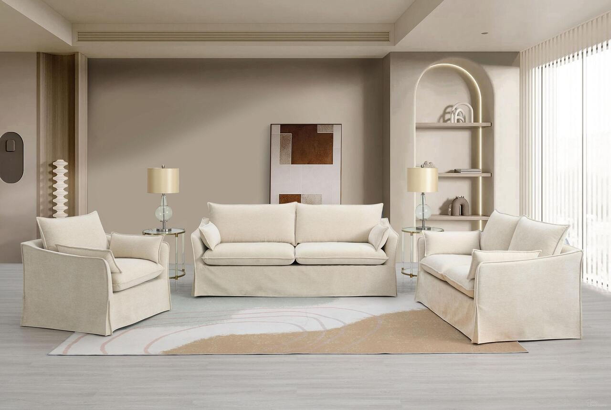 The appearance of Shane Living Room Set with Pillows In Beige Linen designed by ACME in the modern / contemporary interior design. This beige linen piece of furniture  was selected by 1StopBedrooms from Shane Collection to add a touch of cosiness and style into your home. Sku: LV02910;LV02911. Material: Upholstered.
