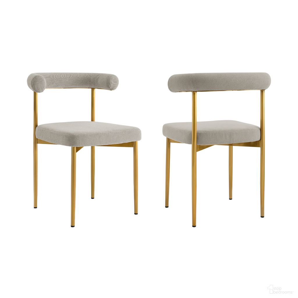 The appearance of Shannon Dining Chair with Gold Brushed Stainless Steel and Taupe Fabric Set of 2 designed by Armen Living in the modern / contemporary interior design. This taupe piece of furniture  was selected by 1StopBedrooms from Shannon Collection to add a touch of cosiness and style into your home. Sku: LCSNSIBGLTP. Material: Stainless Steel. Chair Type: Side Chair.