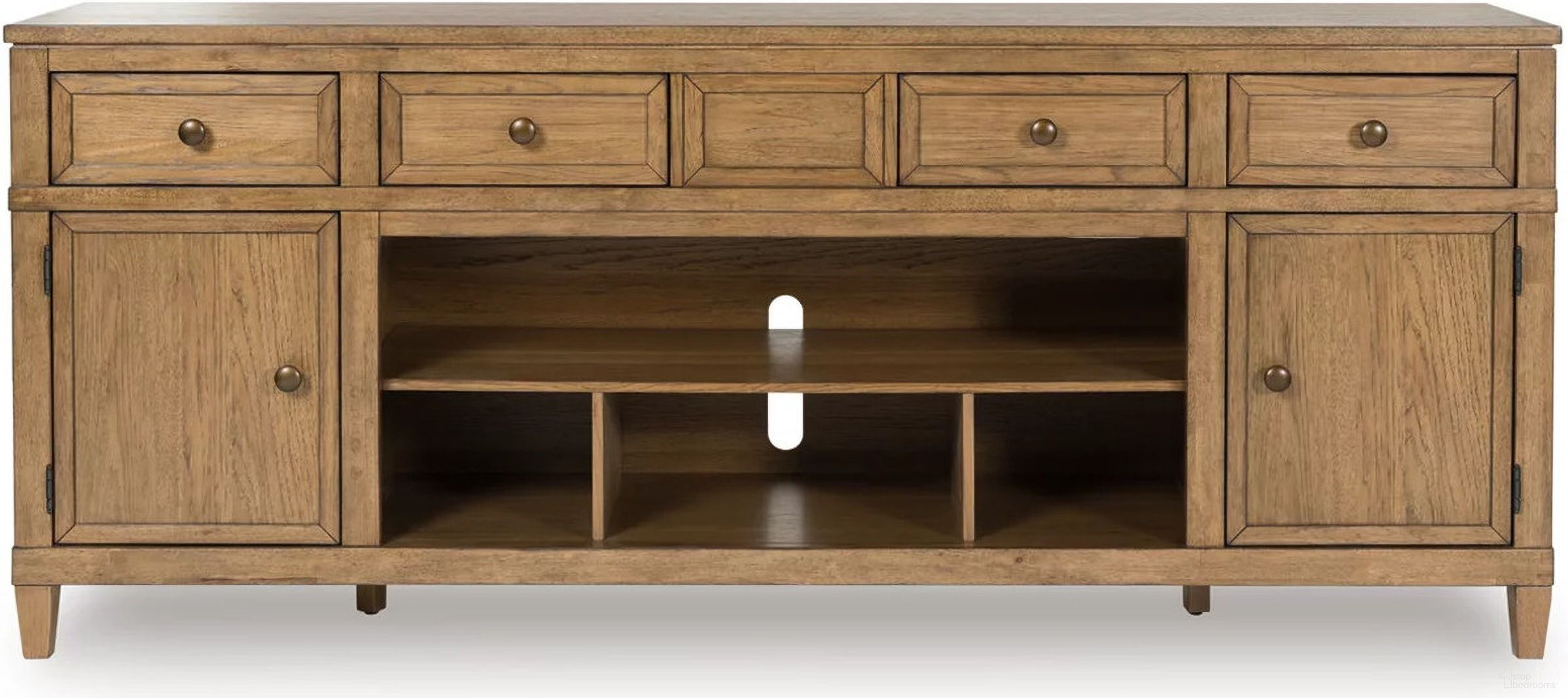 The appearance of Sharlance 81 Inch TV Stand In Light Brown designed by Signature Design by Ashley in the transitional interior design. This light brown piece of furniture was selected by 1StopBedrooms from Sharlance Collection to add a touch of cosiness and style into your home. Sku: W655-68. Material: Wood.