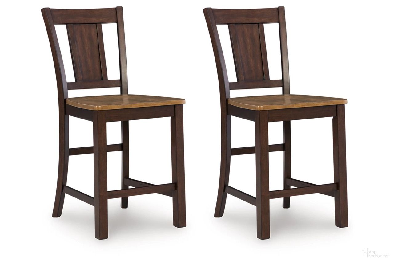The appearance of Sharlander Counter Height Barstool Set of 2 In Light Brown and Dark Brown designed by Signature Design by Ashley in the transitional interior design. This light brown/dark brown piece of furniture was selected by 1StopBedrooms from Sharlander Collection to add a touch of cosiness and style into your home. Sku: NCD651-124. Material: Wood.